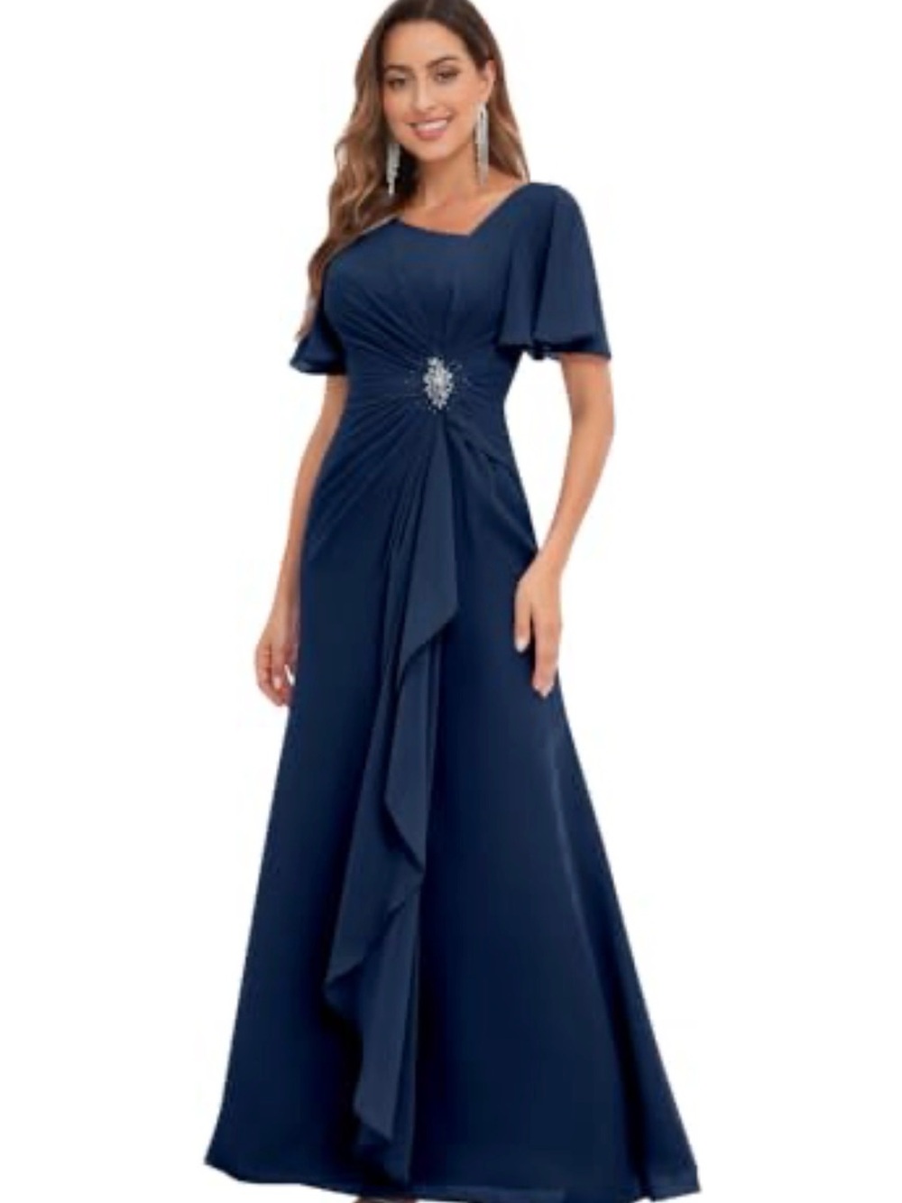 Elegant Navy Blue Evening Gown with Rhinestone Waist